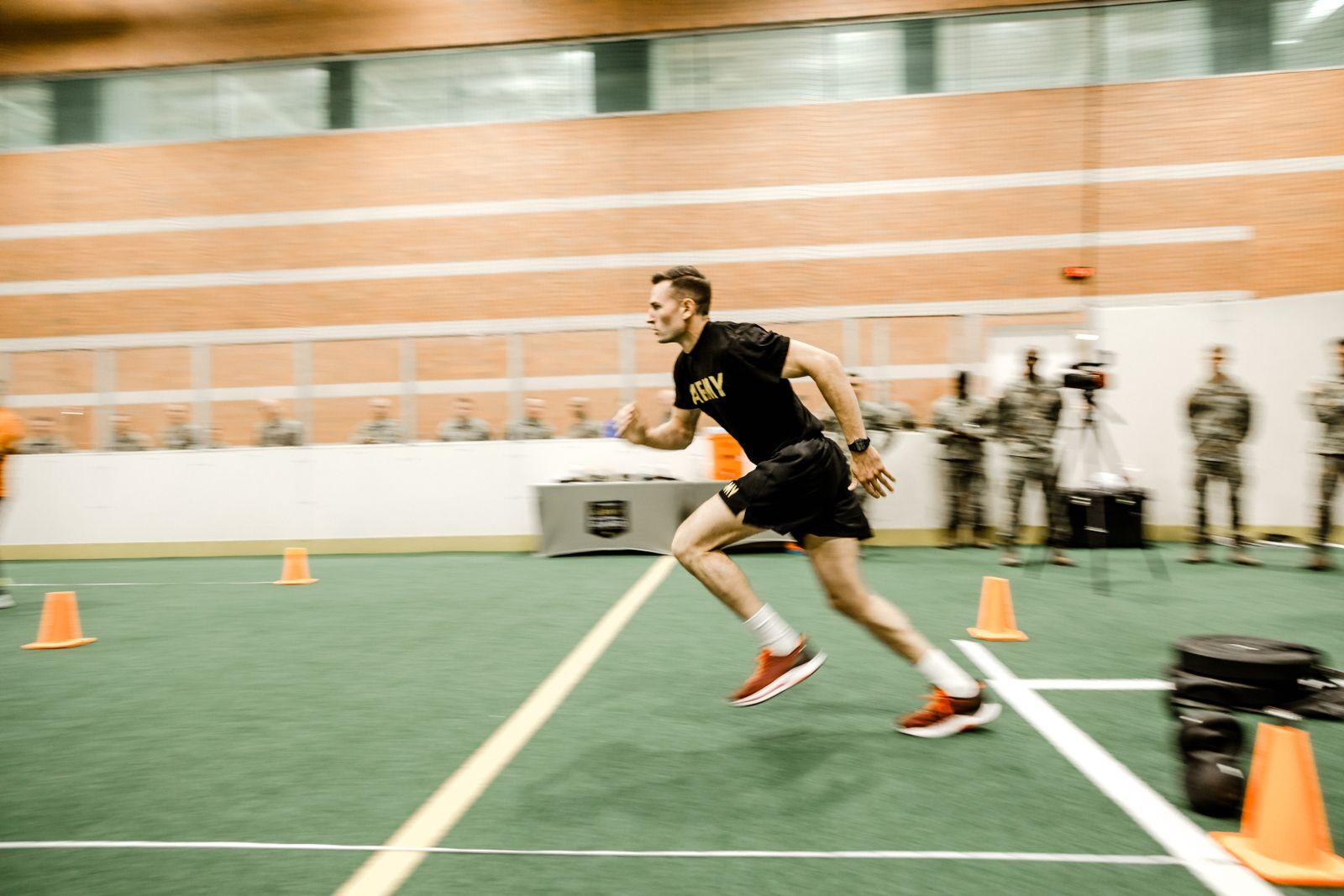 Soldier sprinting during an Army Combat Fitness Test event